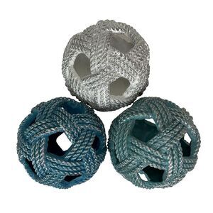 Set of 3 Coastal Decorative Orbs Rope Look Resin 4 in Blue Aqua Sand